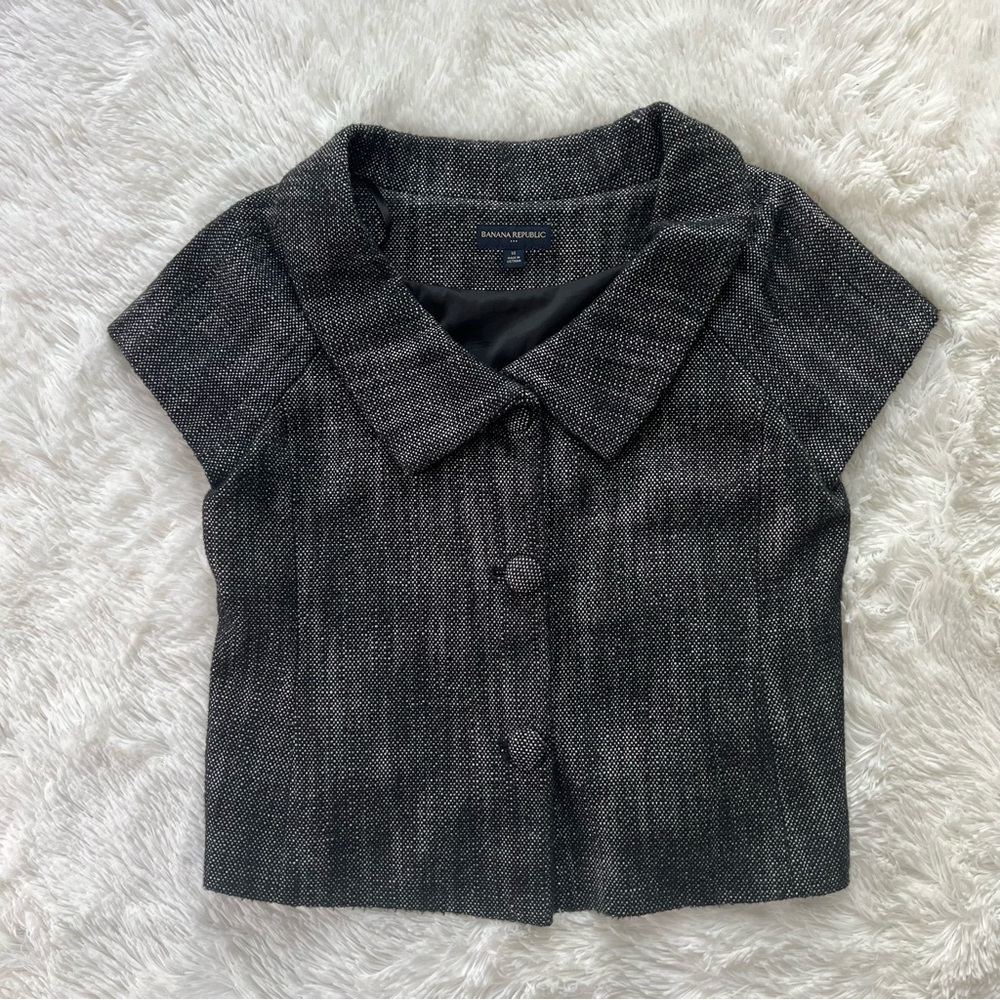 Banana Republic Black & White Tweed Short Sleeve Jacket Textured Button Size 14